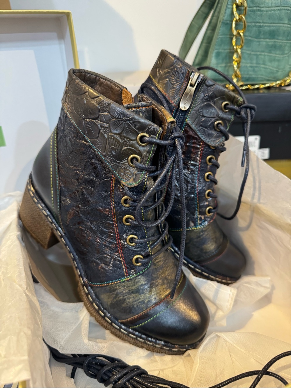 Women's Black Lace-Up Ankle Boots with Multicolor Stitching
